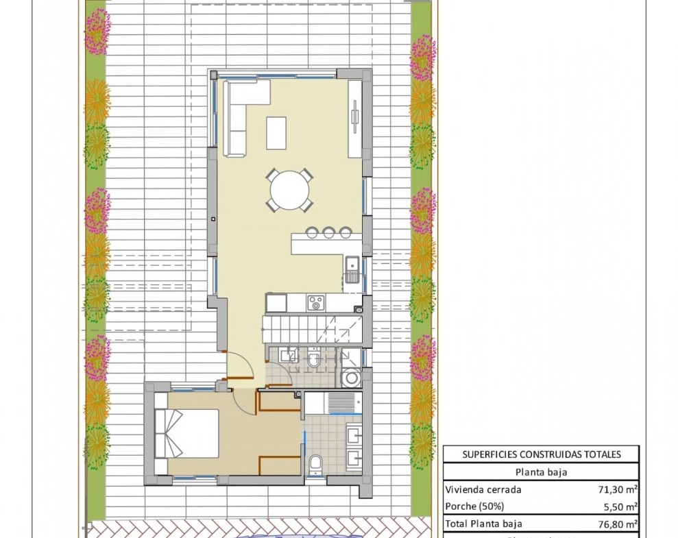 NEW-BUILD-VILLAS-IN-PILAR-DE-LA-HORADADA-ON-THE-GOLF-COURSE-8 Bright and open-plan floor plan of a new luxury villa in Pilar de la Horadada with spacious terrace and private pool area.