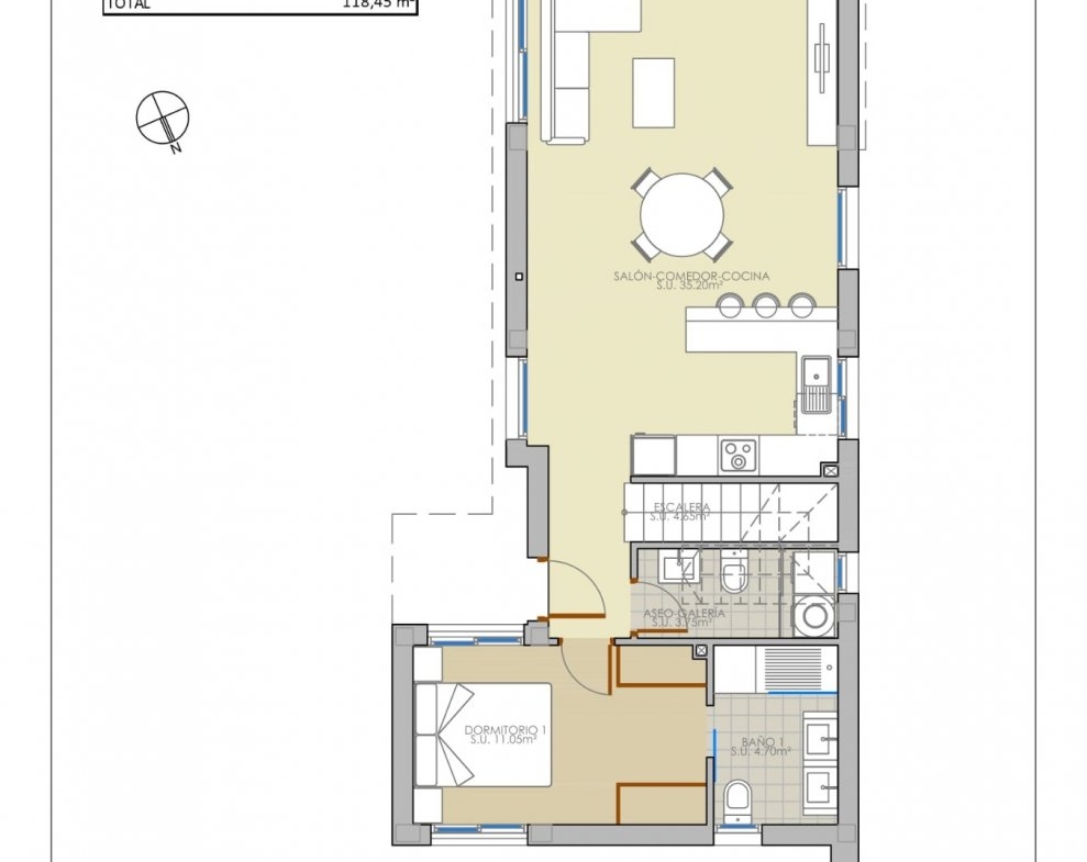 Spacious modern floor plan of new build villa in Pilar de la Horadada showing open-plan living and bedroom layout