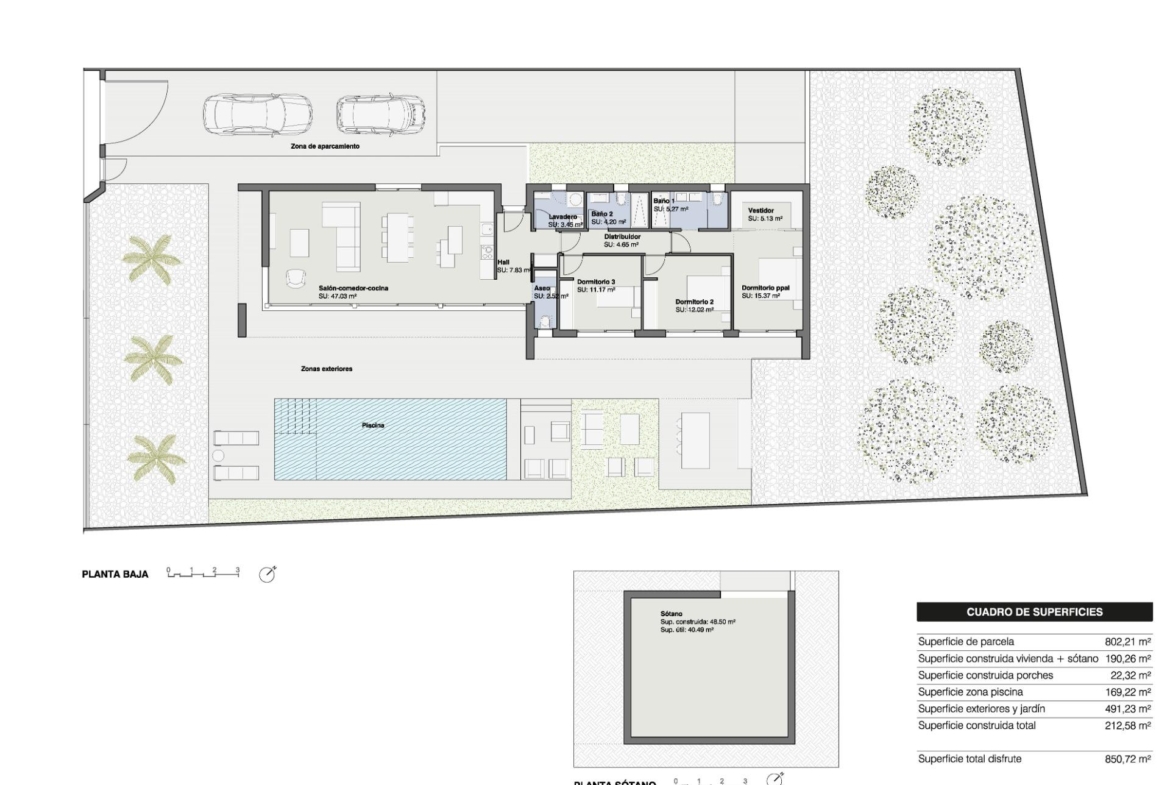 Spacious floor plan of a modern 3-bedroom villa with garage, pool, and landscaped 801 m² plot in Pinar de Campoverde.