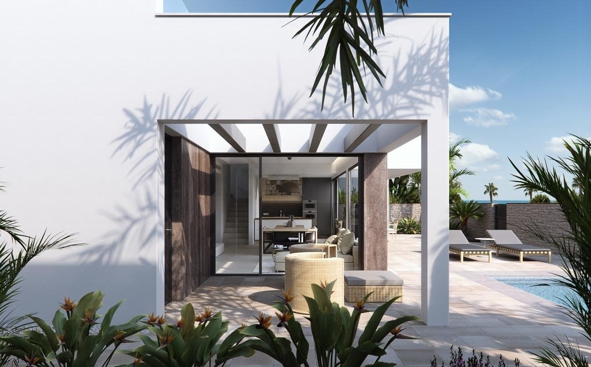 Sun-drenched terrace and modern interiors of new build villa with private pool in Torre de la Horadada