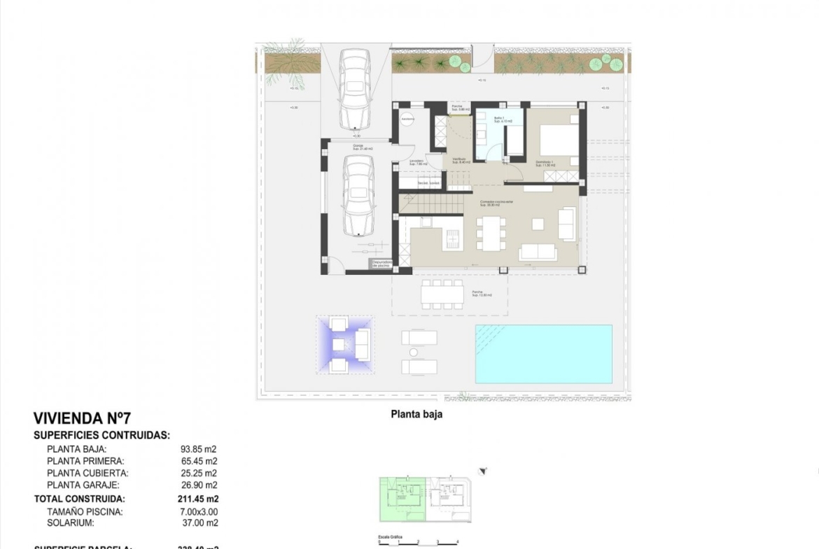 Spacious floor plan of modern new build villa in Torre de la Horadada with open-plan living, garage, terrace, and private pool.