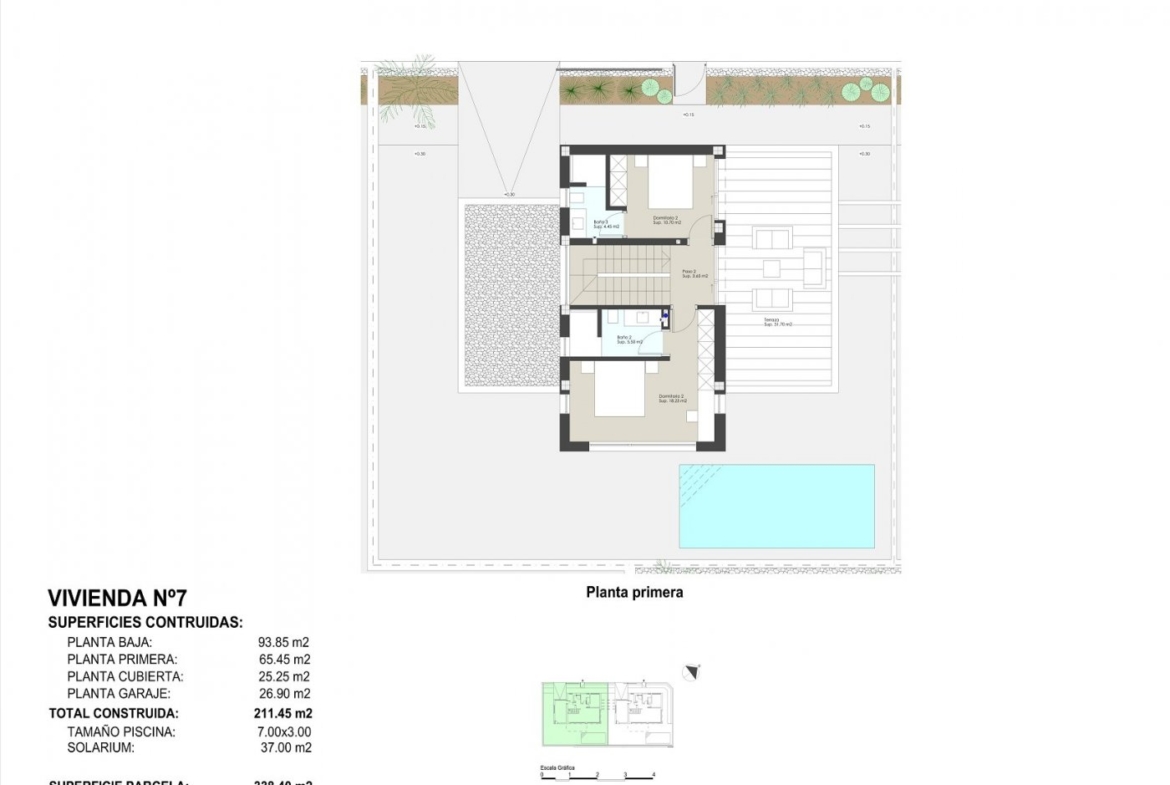 Modern floor plan of spacious first floor with terrace and private pool in new build villas in Torre de la Horadada
