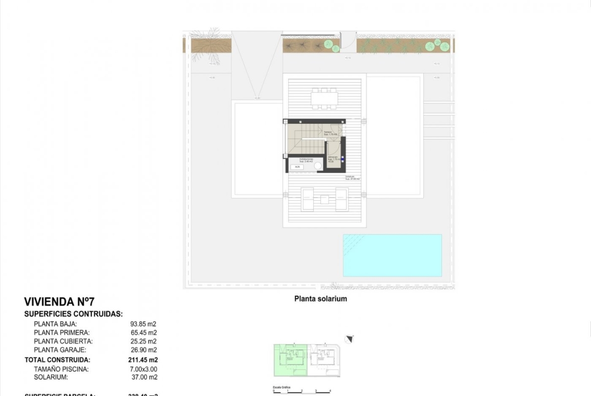 Modern, spacious solarium and pool floor plan of new build villas in Torre de la Horadada with landscaped outdoor areas.