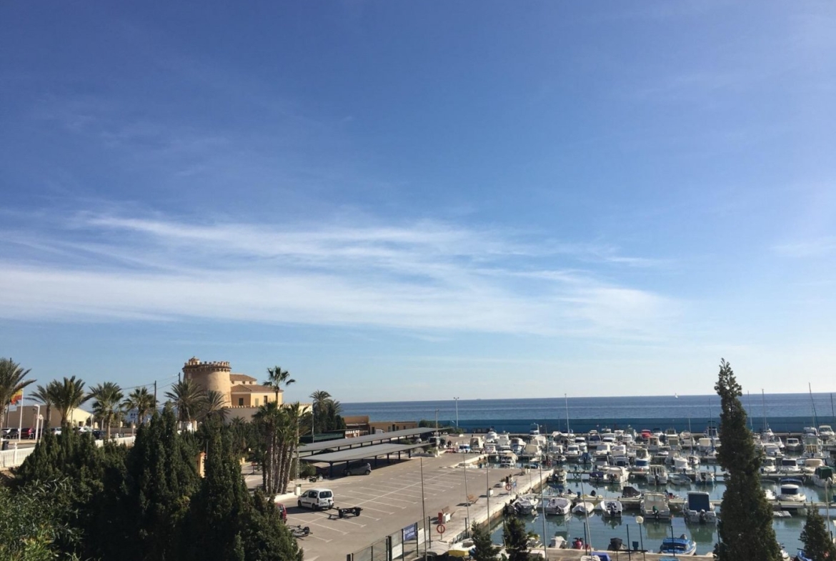 Panoramic sea view over marina with luxury new build villas in Torre de la Horadada under clear blue sky