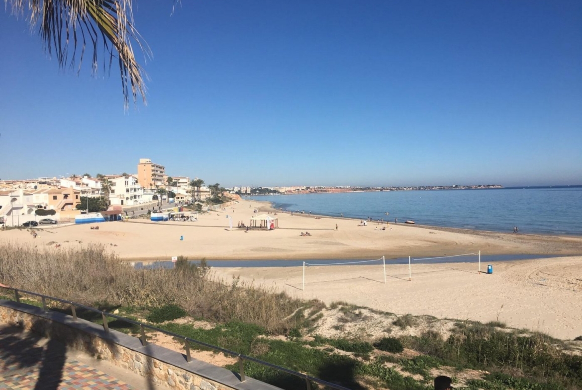 Panoramic sun-drenched beach view from new build villas in Torre de la Horadada, showcasing serene coastline and clear blue sky