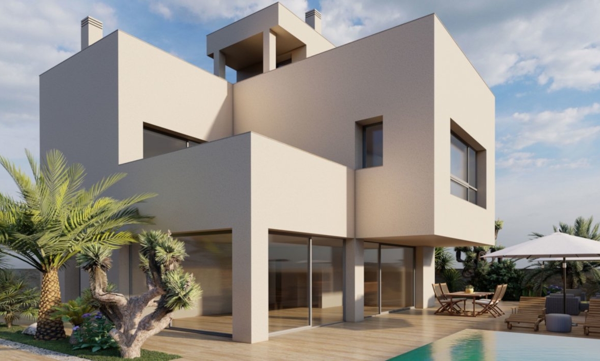 Modern sun-drenched new build villa in Torre de la Horadada with spacious terrace, pool, and lush landscaped garden.