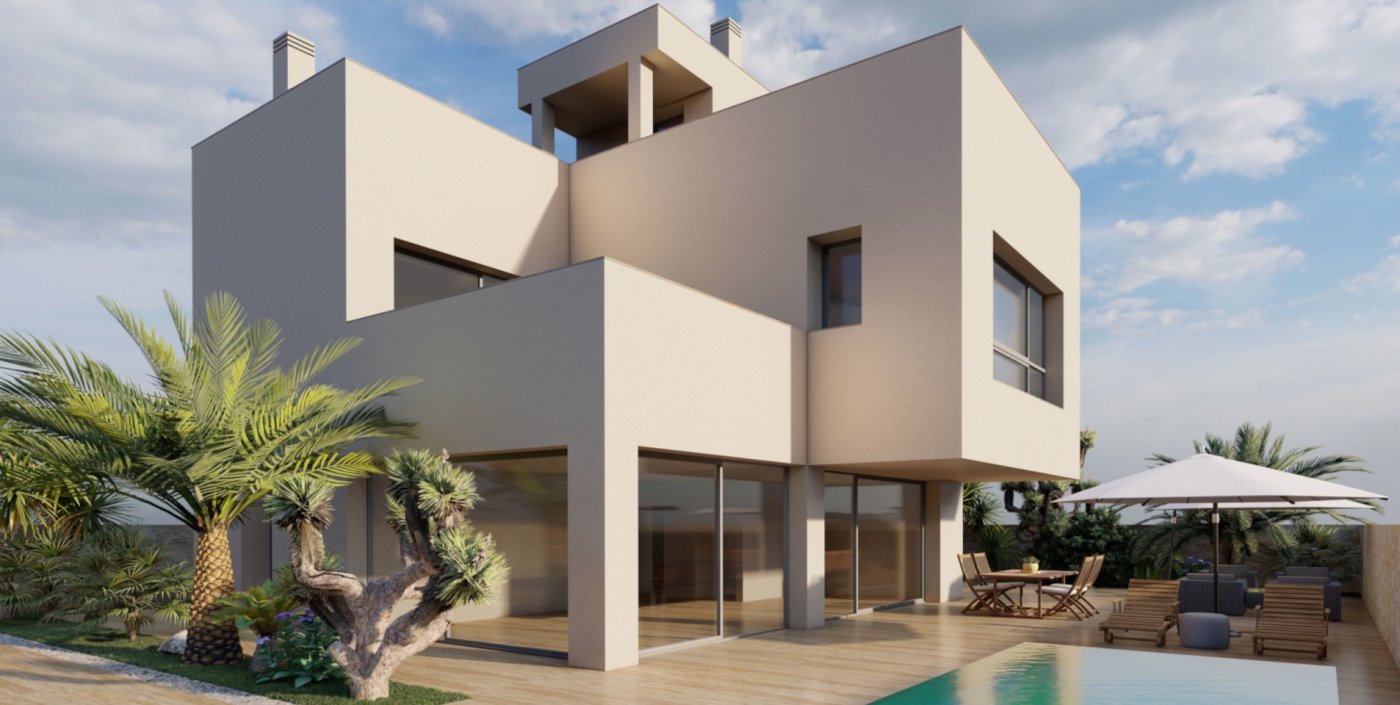 Modern sun-drenched new build villa in Torre de la Horadada with spacious terrace, pool, and lush landscaped garden.