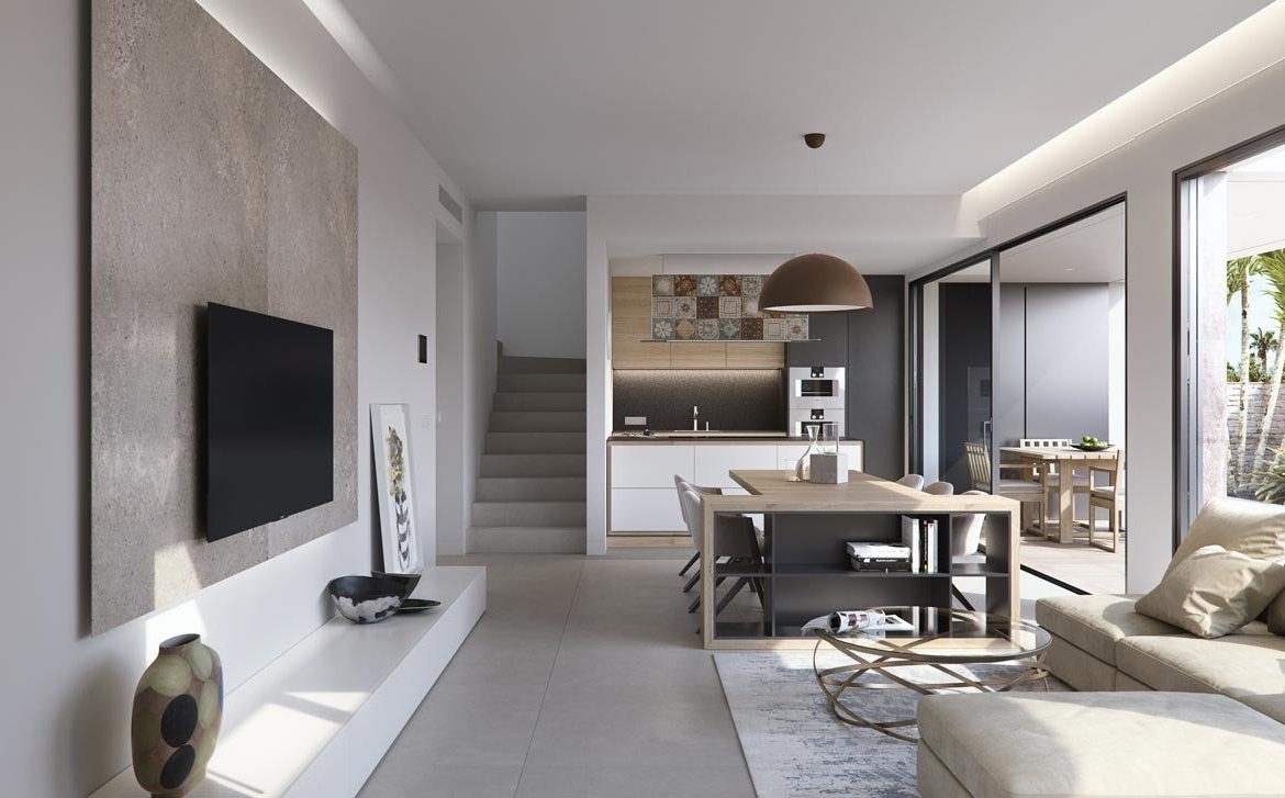 Bright modern open-plan living and dining area with sleek kitchen in new build villas in Torre de la Horadada