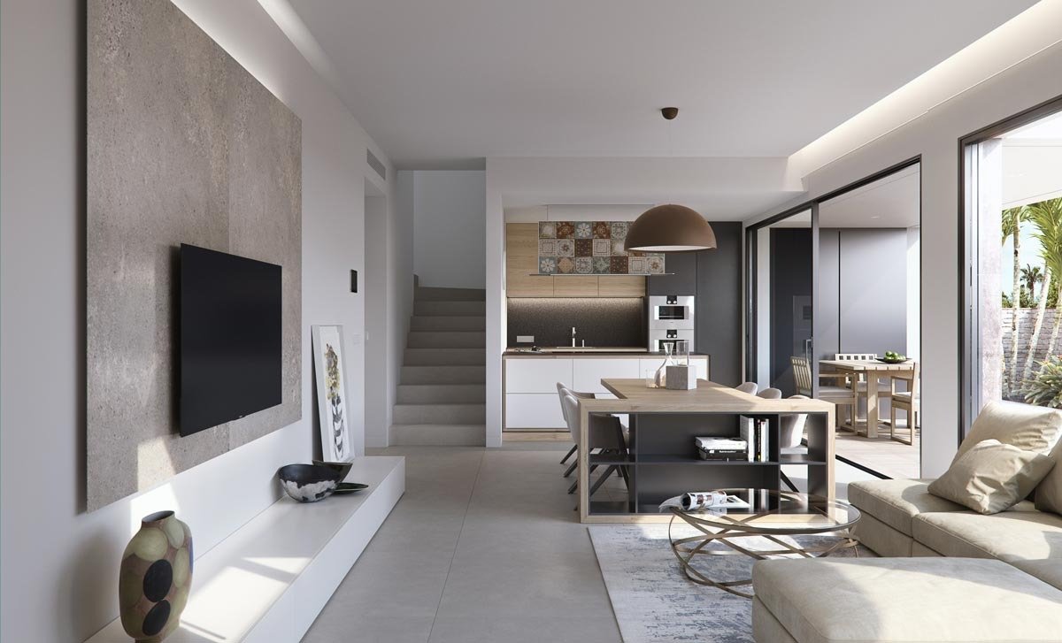 Bright modern open-plan living and dining area with sleek kitchen in new build villas in Torre de la Horadada