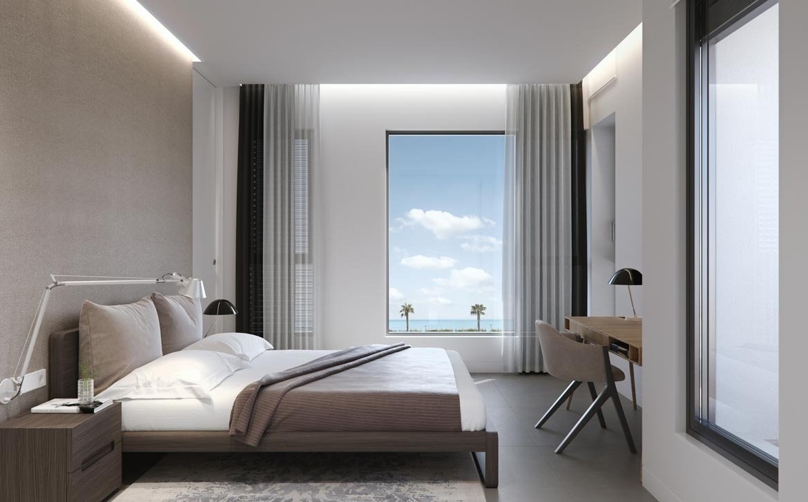 Bright, modern bedroom with minimalist decor and ocean views in new build villas in Torre de la Horadada.