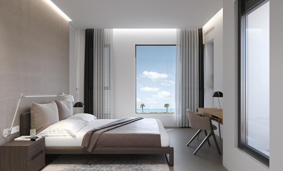 Bright, modern bedroom with minimalist decor and ocean views in new build villas in Torre de la Horadada.