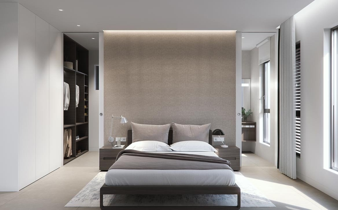 Bright, modern master bedroom in new build villas in Torre de la Horadada with elegant neutral tones and large windows.