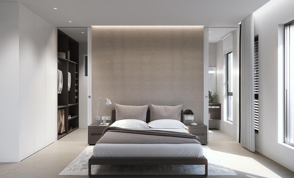 Bright, modern master bedroom in new build villas in Torre de la Horadada with elegant neutral tones and large windows.