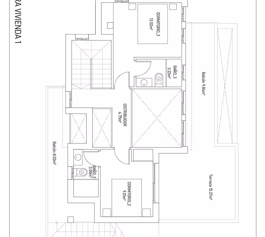NEW-BUILD-VILLAS-IN-TORREVIEJA-10 Detailed floor plan of modern 3-bedroom villa in Aguas Nuevas, Torrevieja, showcasing spacious bedrooms and large sunlit terrace.