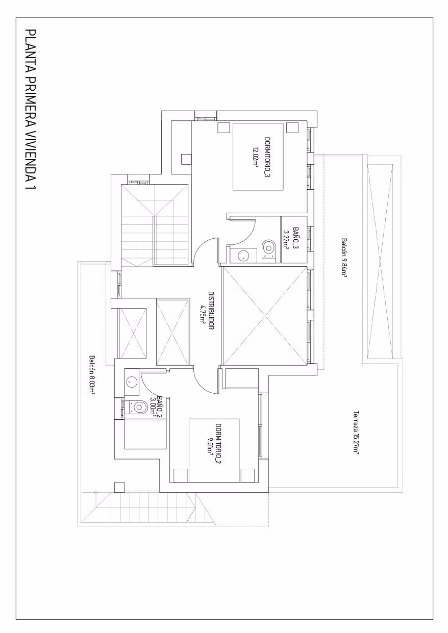 NEW-BUILD-VILLAS-IN-TORREVIEJA-10 Detailed floor plan of modern 3-bedroom villa in Aguas Nuevas, Torrevieja, showcasing spacious bedrooms and large sunlit terrace.