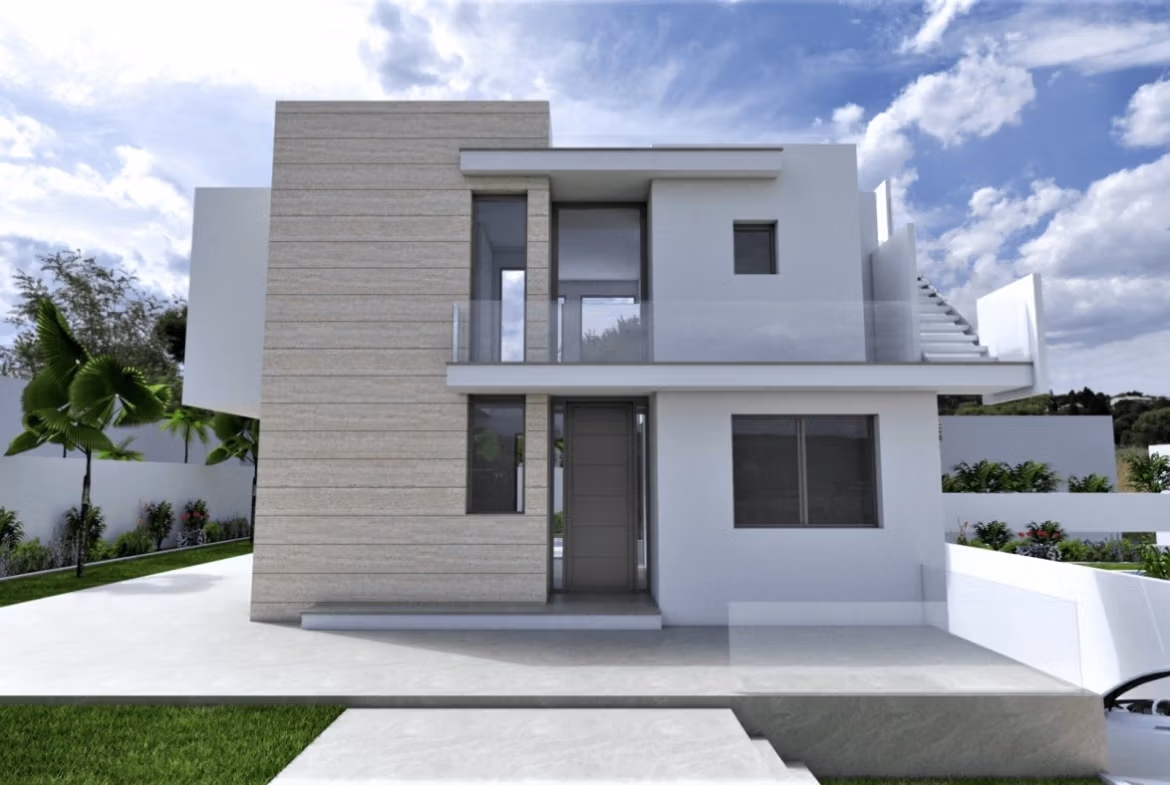 NEW-BUILD-VILLAS-IN-TORREVIEJA-2 Modern new build 3-bedroom villa in Aguas Nuevas, Torrevieja with sleek white exterior and minimalist architectural design.
