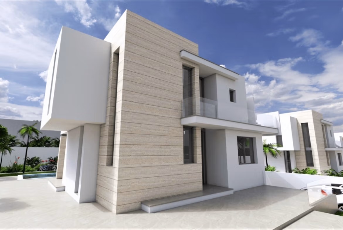 NEW-BUILD-VILLAS-IN-TORREVIEJA-3 Stunning modern new build 3-bedroom villa exterior with sleek stone accents in sunlit Aguas Nuevas, Torrevieja.