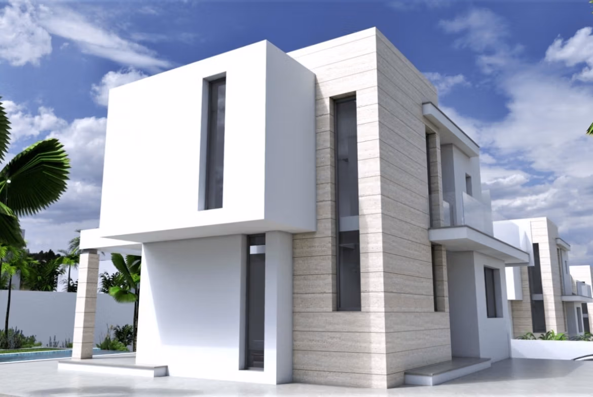 NEW-BUILD-VILLAS-IN-TORREVIEJA-4 Stunning modern 3-bedroom villa in Aguas Nuevas, Torrevieja, featuring sleek architecture and a private pool under a bright sky.