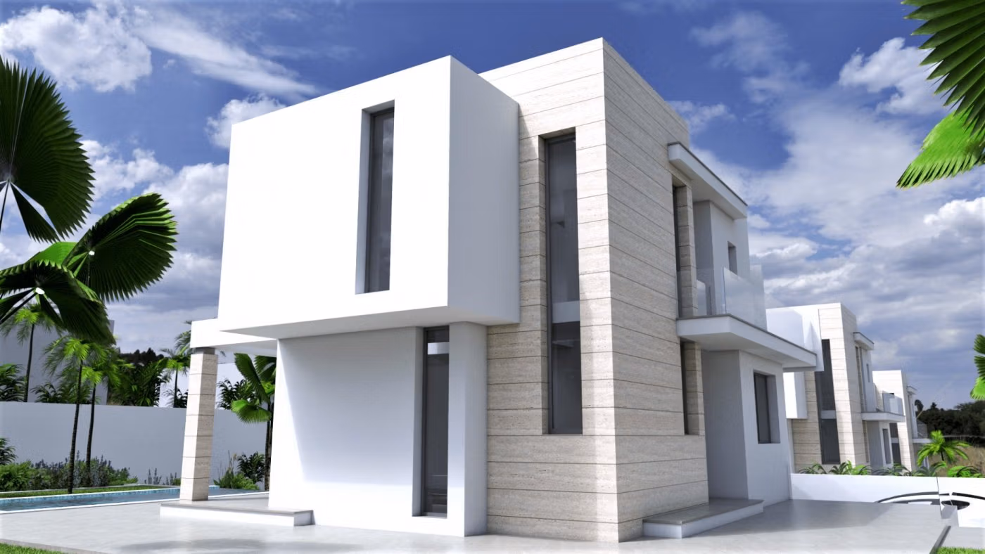 NEW-BUILD-VILLAS-IN-TORREVIEJA-4 Stunning modern 3-bedroom villa in Aguas Nuevas, Torrevieja, featuring sleek architecture and a private pool under a bright sky.