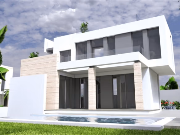 Stunning modern 3-bedroom villa with sleek exterior and private pool in sunlit Aguas Nuevas, Torrevieja.