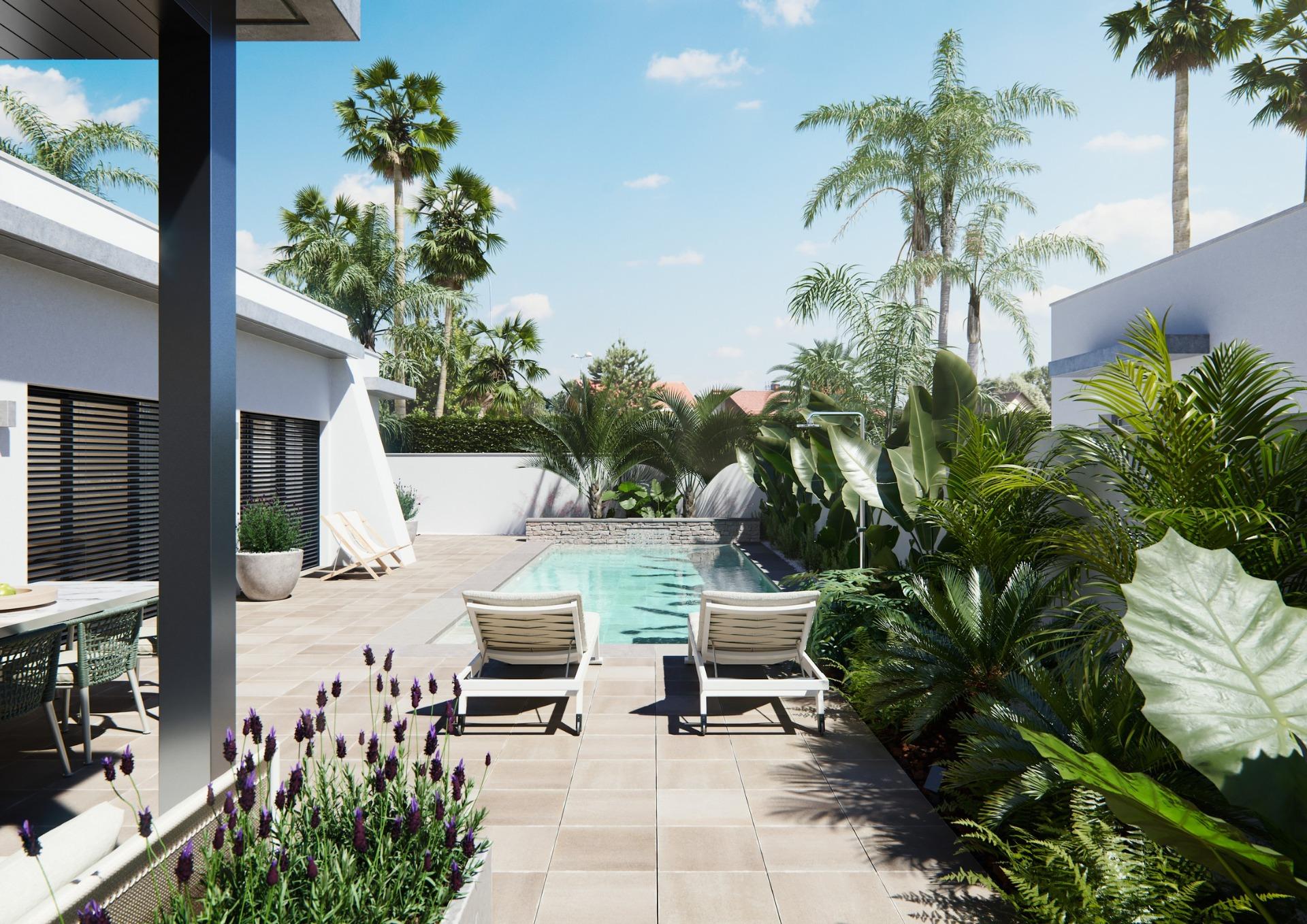 Sun-drenched terrace with lush landscaping and a sleek pool in a modern new built villa on a floor