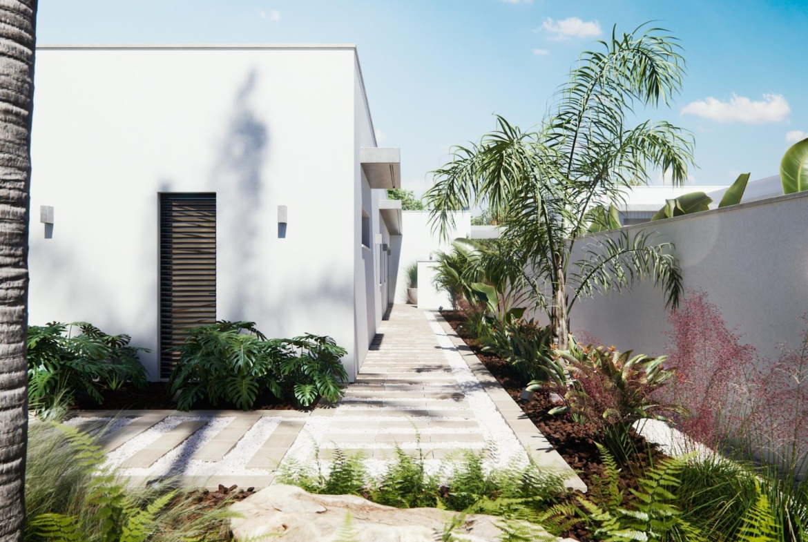 Modern new built villa on a floor with a sunlit, landscaped exterior pathway adorned with lush greenery and palm trees.
