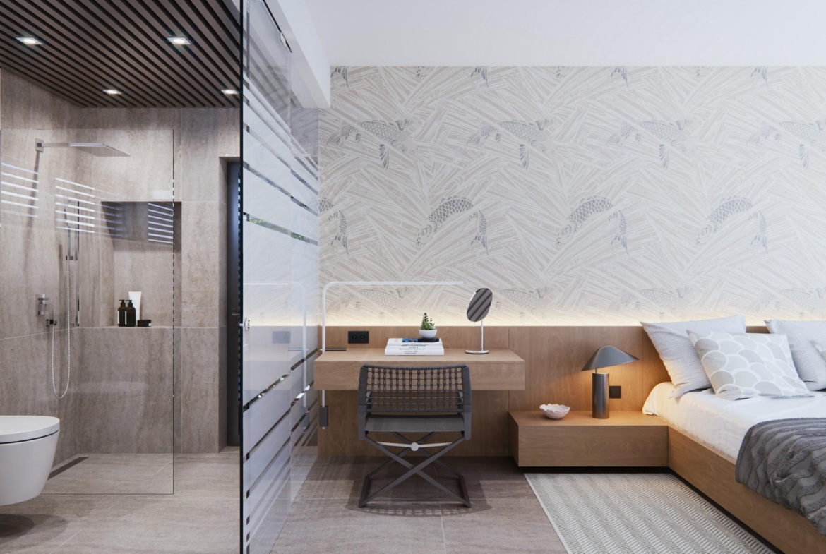 Modern, elegant bedroom and sleek bathroom in a newly built villa on a floor featuring warm wood accents and soft lighting.
