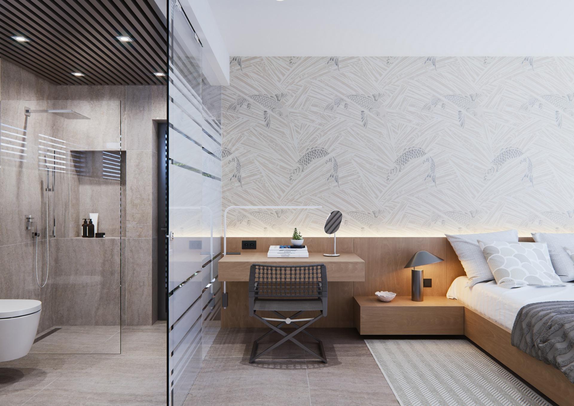 Modern, elegant bedroom and sleek bathroom in a newly built villa on a floor featuring warm wood accents and soft lighting.
