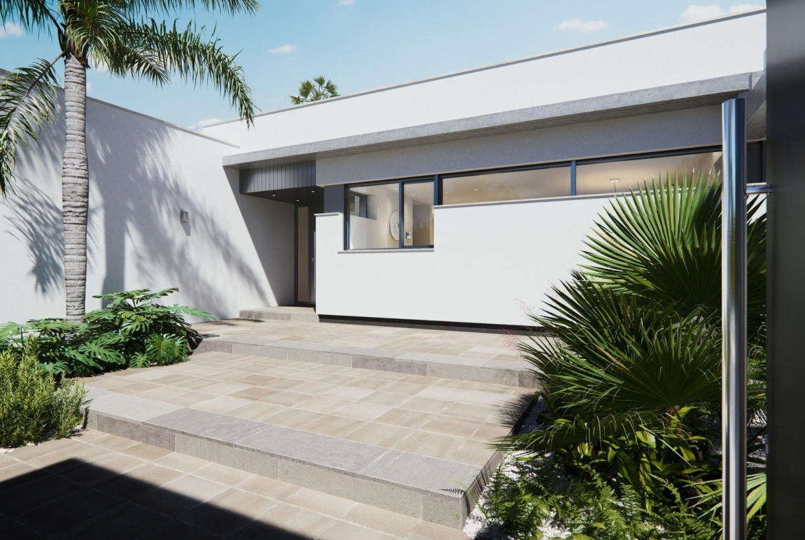 Modern new built villa exterior with sleek white facade, sun-drenched terrace, and lush tropical landscaping on a single floor.