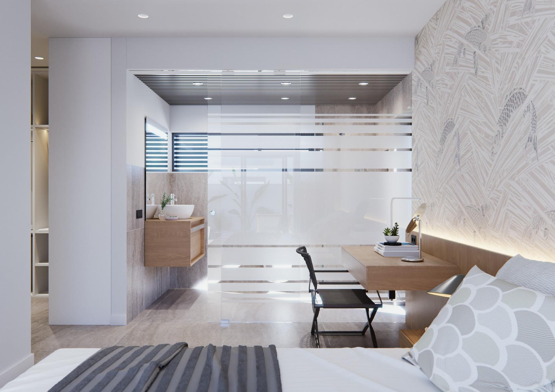 Bright and modern bedroom with built-in desk and sleek bathroom in new built villa on a floor