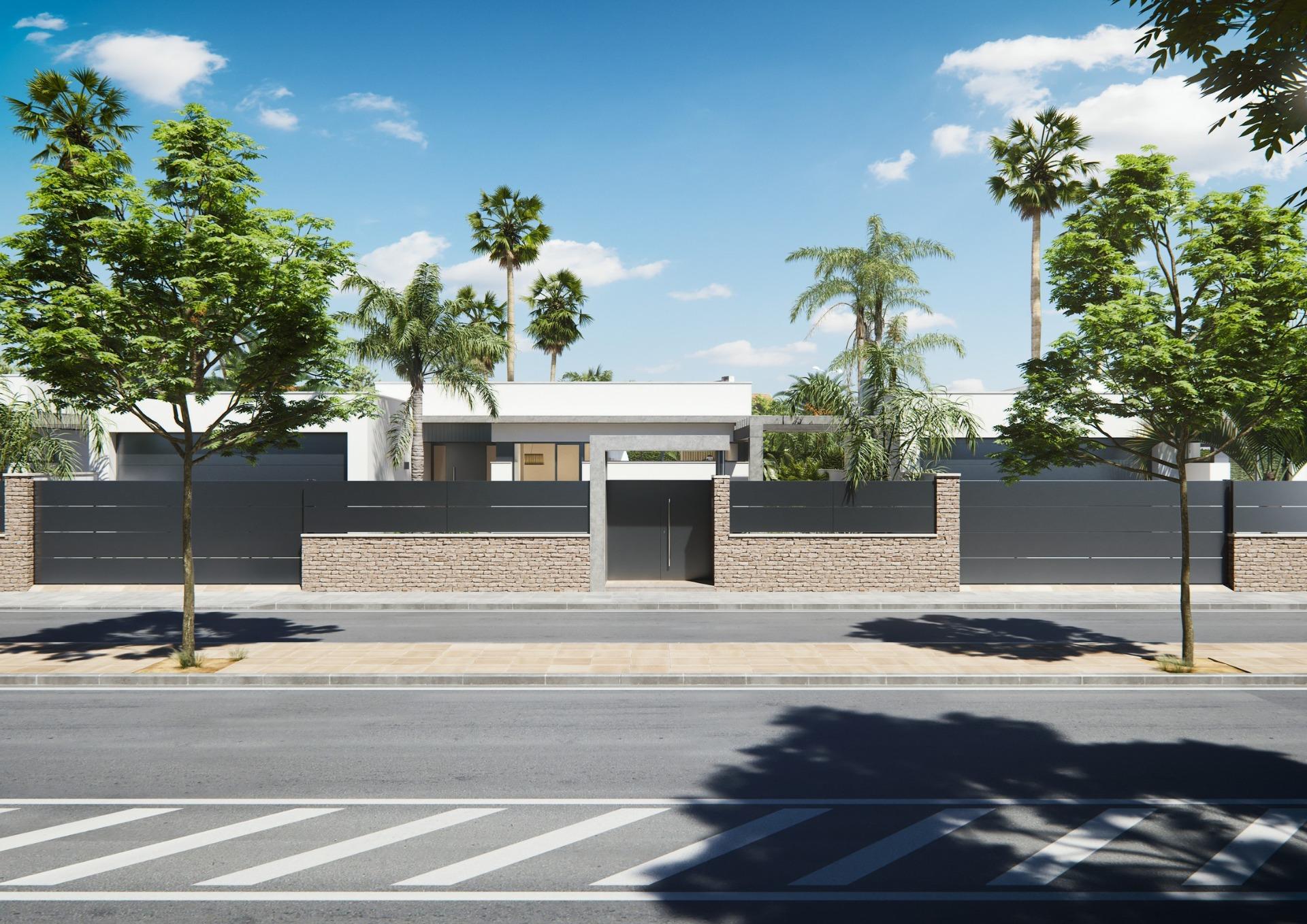 Modern new built villa on a floor with sleek white exterior, private gated entrance, and lush tropical landscaping under a bright blue sky