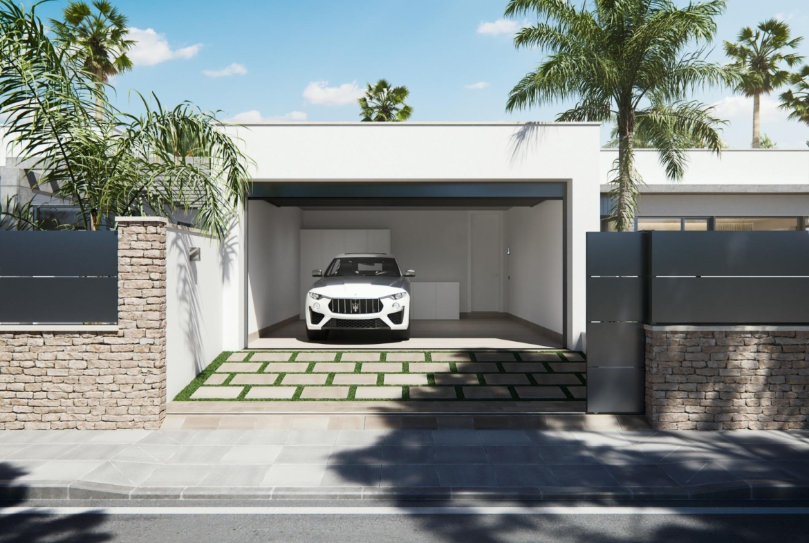 Modern new built villa on a floor with sleek garage, lush palm trees, and a stylish stone and metal gated entrance.