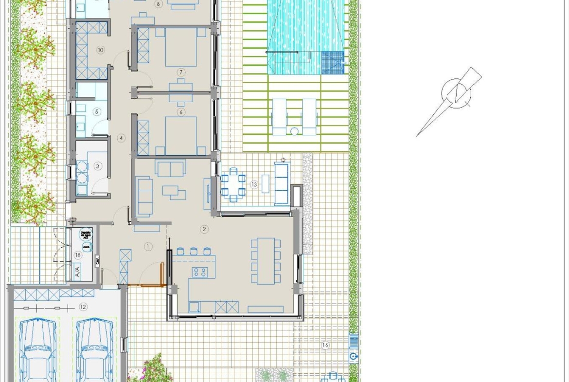 Spacious floor plan of a new built villa showcasing modern open-plan living, multiple bedrooms, and elegant outdoor pool area