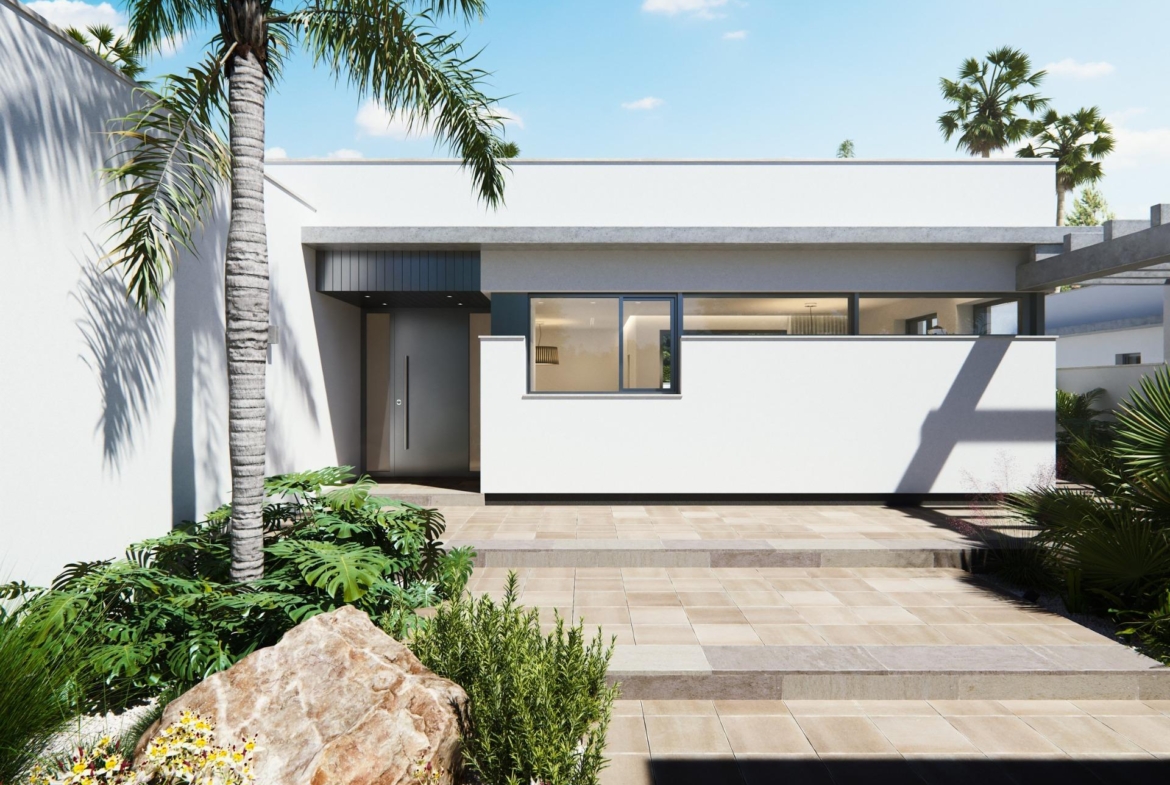 Modern new built villa on a floor with sleek white exterior, lush landscaping, and sunlit courtyard under clear blue sky