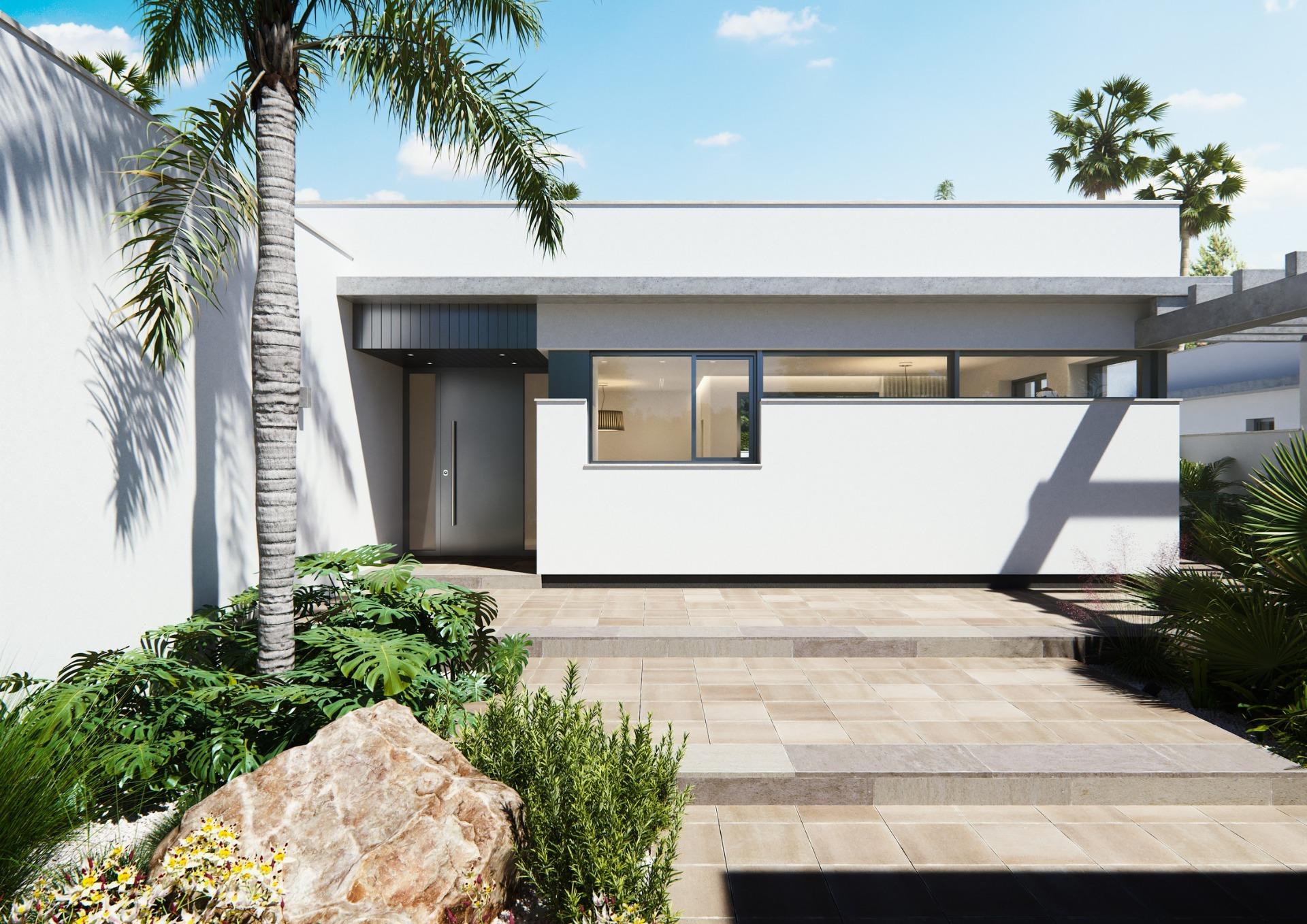 Modern new built villa on a floor with sleek white exterior, lush landscaping, and sunlit courtyard under clear blue sky