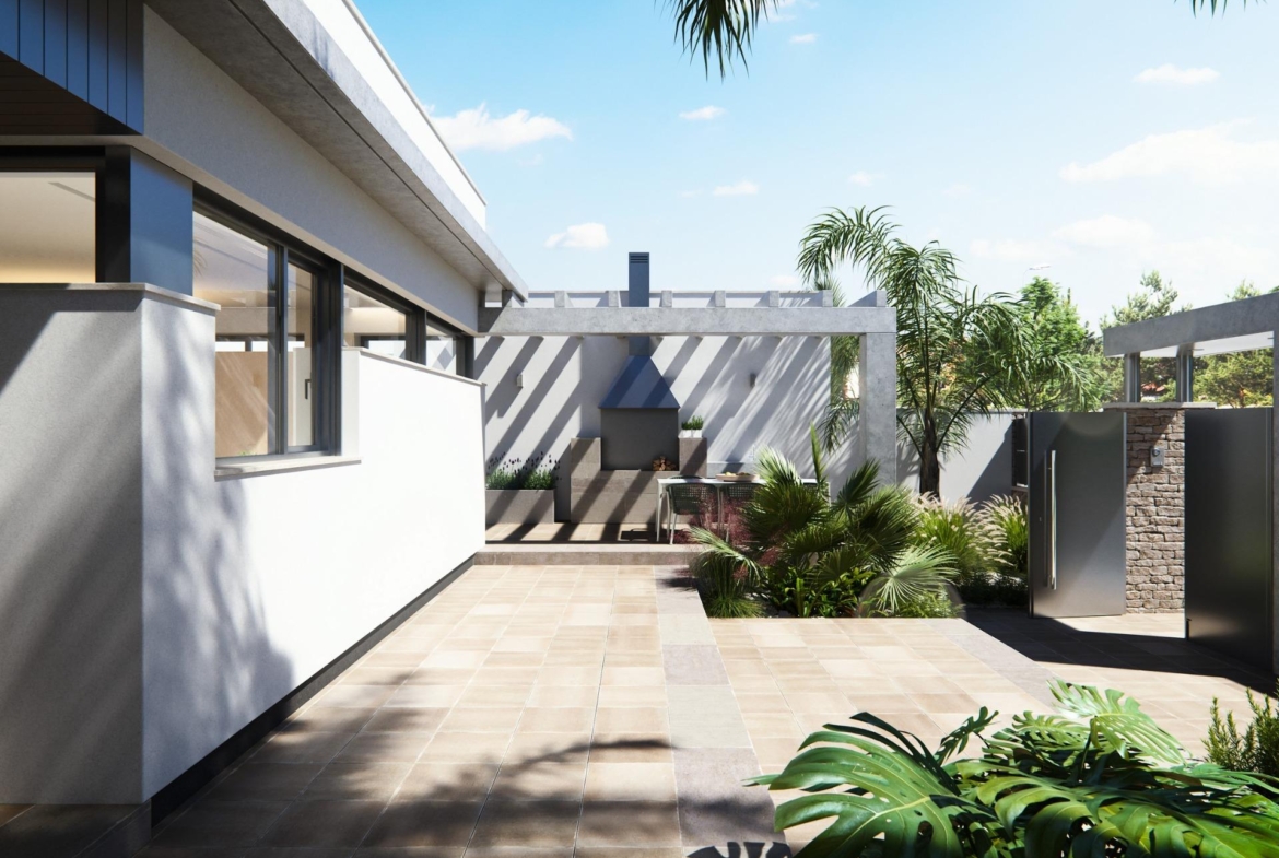 Sun-drenched terrace with modern pergola and lush landscaping at new built villa on a floor