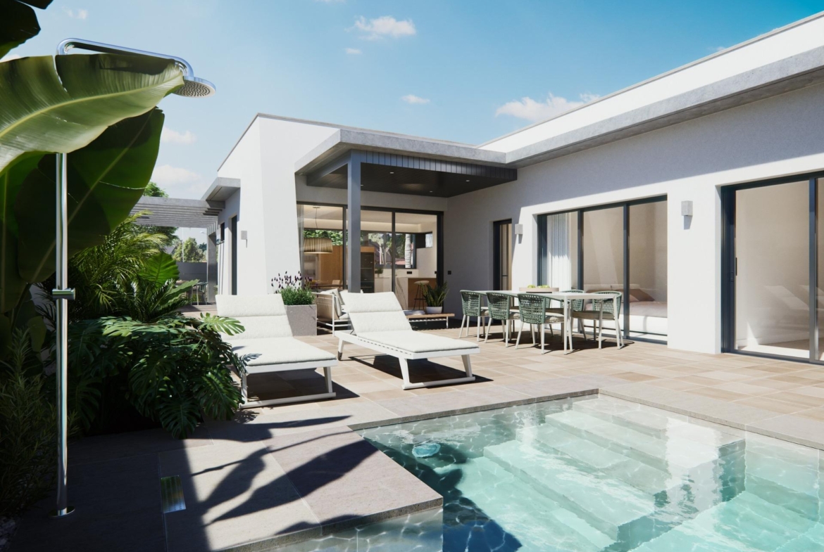 Sun-drenched terrace with modern lounge chairs and sleek pool in a newly built villa on a floor, showcasing elegant indoor-outdoor living.