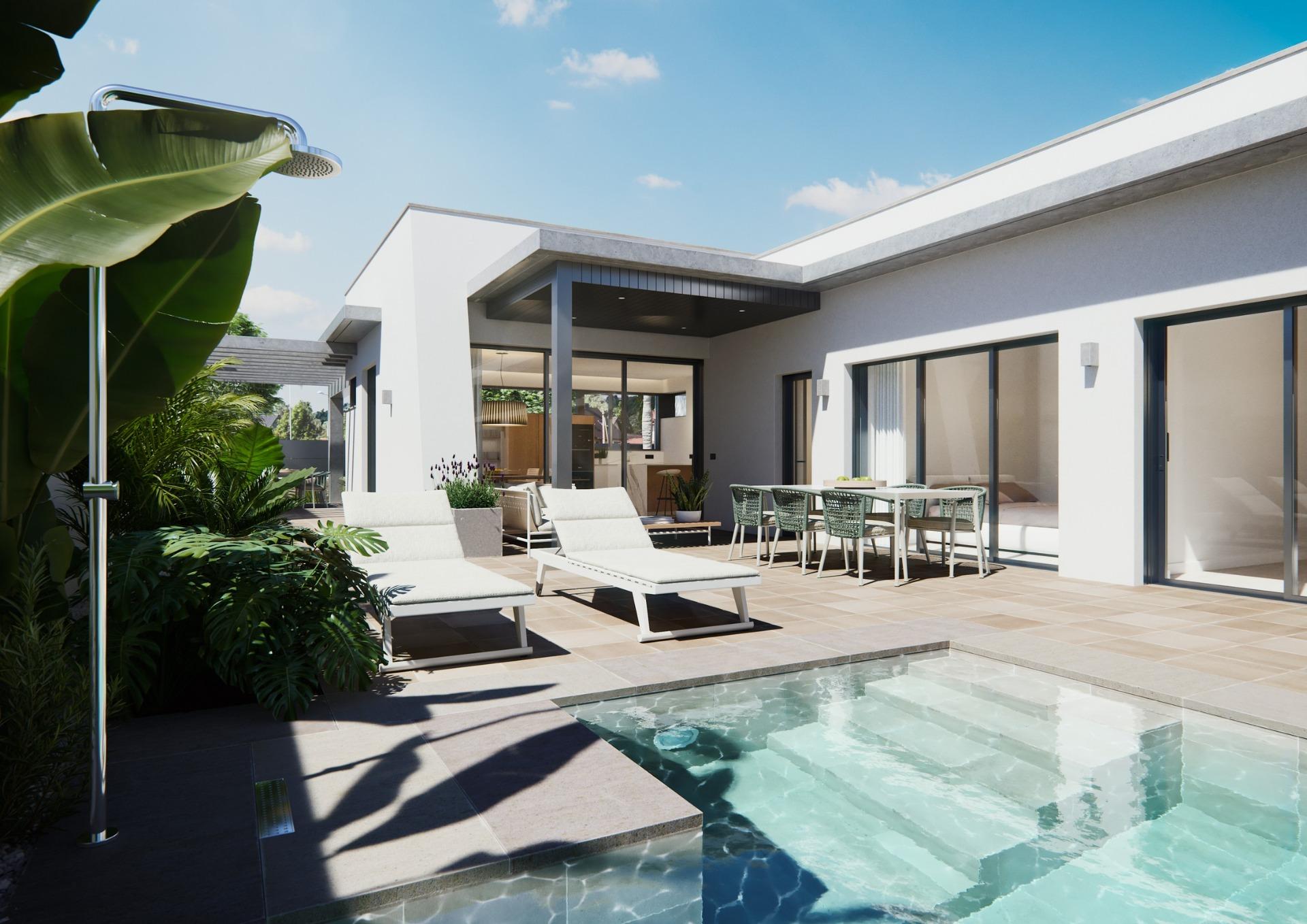 Sun-drenched terrace with modern lounge chairs and sleek pool in a newly built villa on a floor, showcasing elegant indoor-outdoor living.
