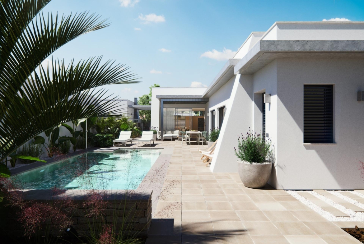 Sun-drenched modern new built villa on a floor with a sleek pool and elegant outdoor lounge surrounded by lush greenery.