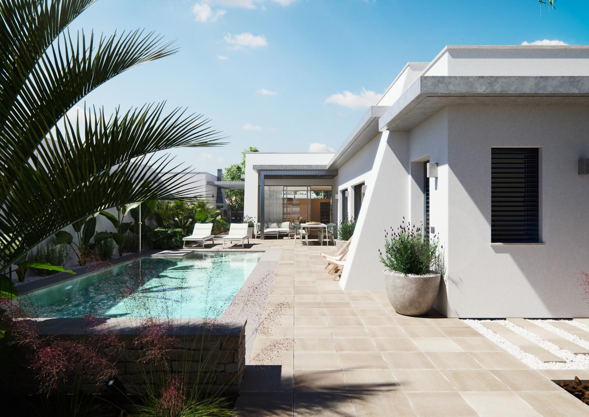 Sun-drenched modern new built villa on a floor with a sleek pool and elegant outdoor lounge surrounded by lush greenery.