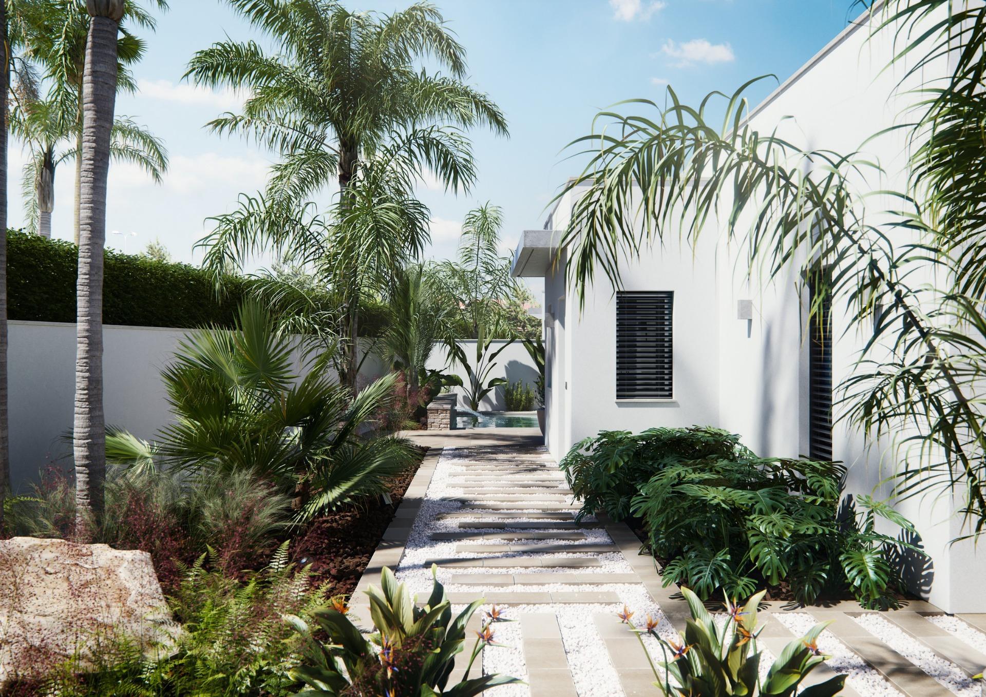 Lushly landscaped pathway alongside the sleek, modern new built villa on a floor, framed by palm trees and vibrant greenery