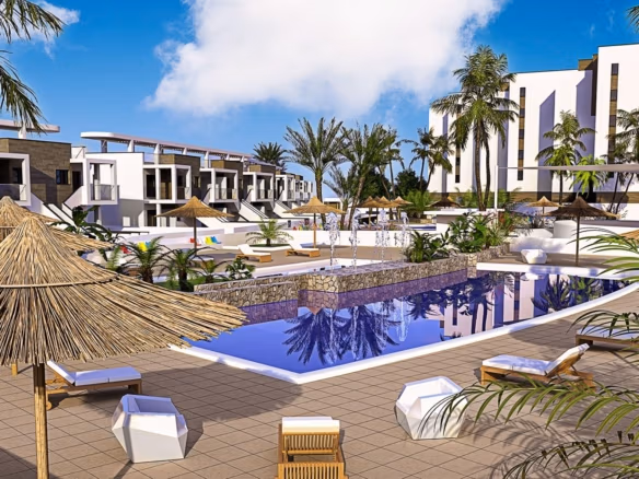 Modern new build penthouse complex in Mil Palmeras featuring a sleek pool area with tropical palm trees and sun-drenched...