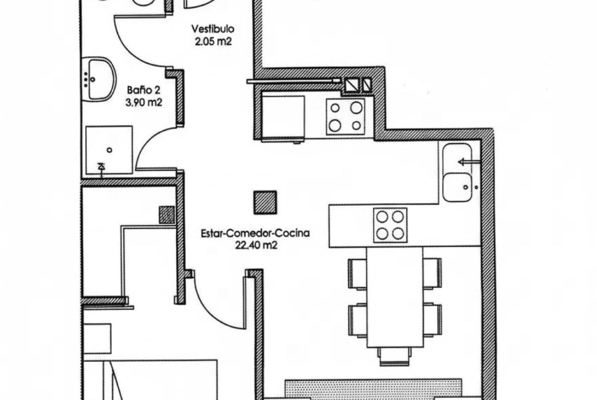 Modern, open-plan studio apartment floor plan with spacious living, kitchen, and bedroom areas in Avileses, Murcia new build.
