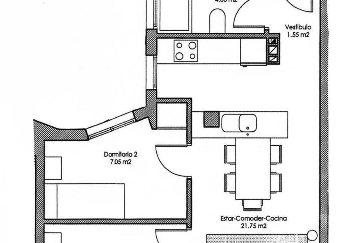 Bright and modern 1-bedroom apartment floor plan with open-plan living and balcony in affordable Avileses, Murcia new build