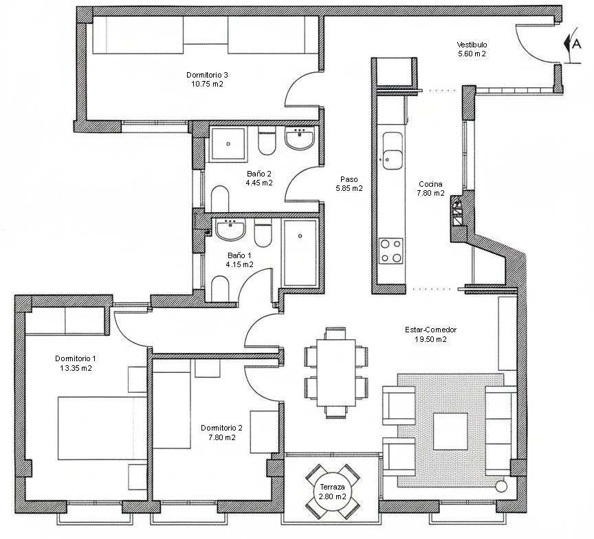 Spacious modern 1-bedroom apartment floor plan with open living area and terrace in affordable new build, Avileses, Murcia.