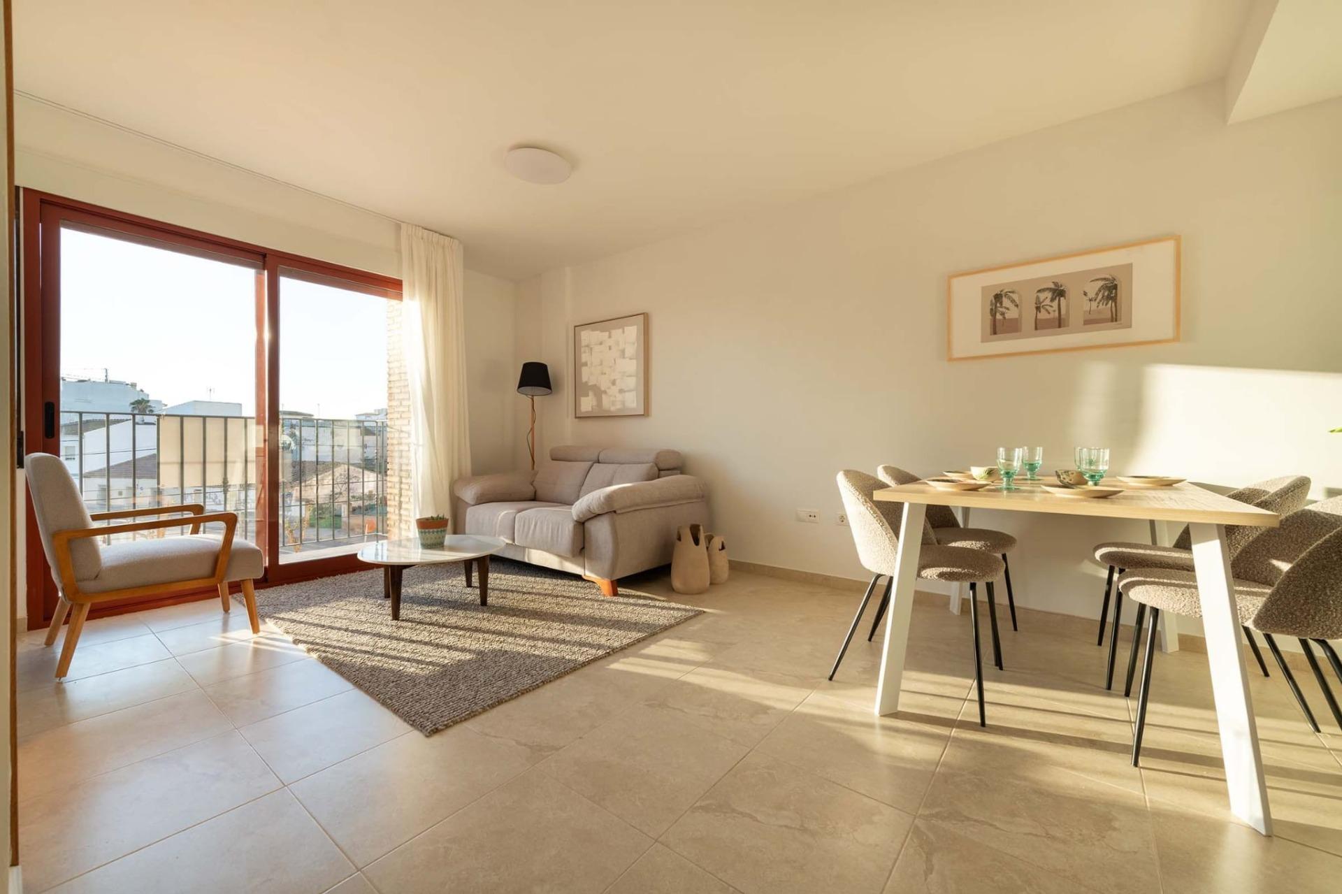 Bright and modern living and dining area in affordable new build 1-bedroom apartment with balcony in Avileses, Murcia