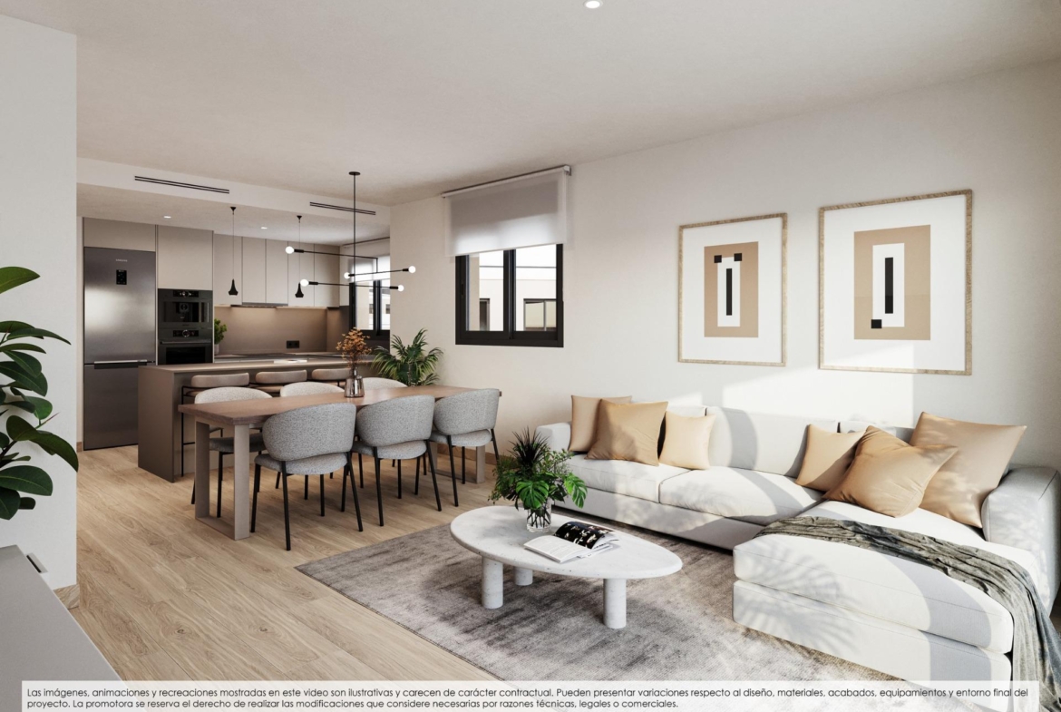 Bright open-plan living and dining area with modern kitchen in new build apartments for sale in Finestrat.