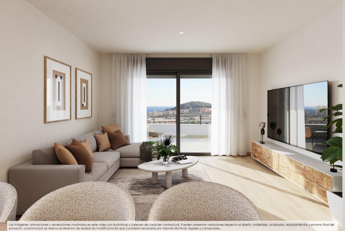 Bright modern living room in new build apartments in Finestrat with panoramic sea views and elegant terrace access