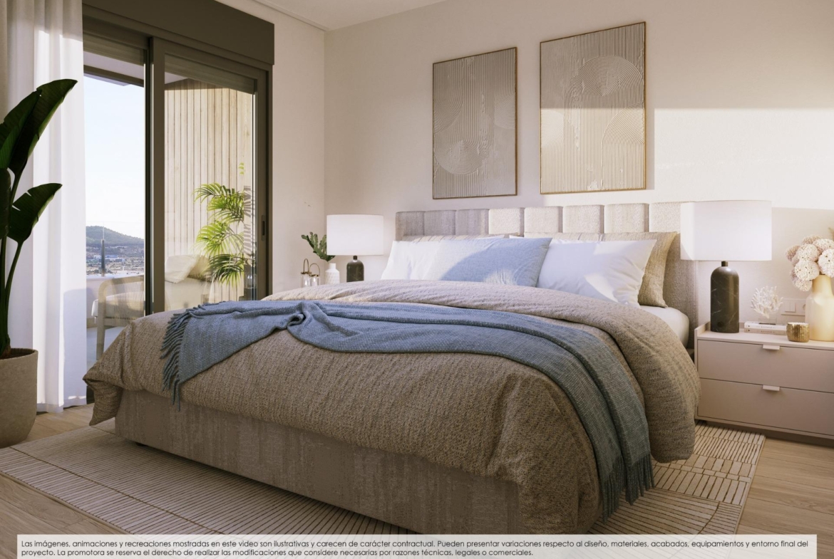 Sun-drenched modern bedroom with plush bedding, elegant decor, and terrace opening to scenic sea views in Finestrat new build apartment.