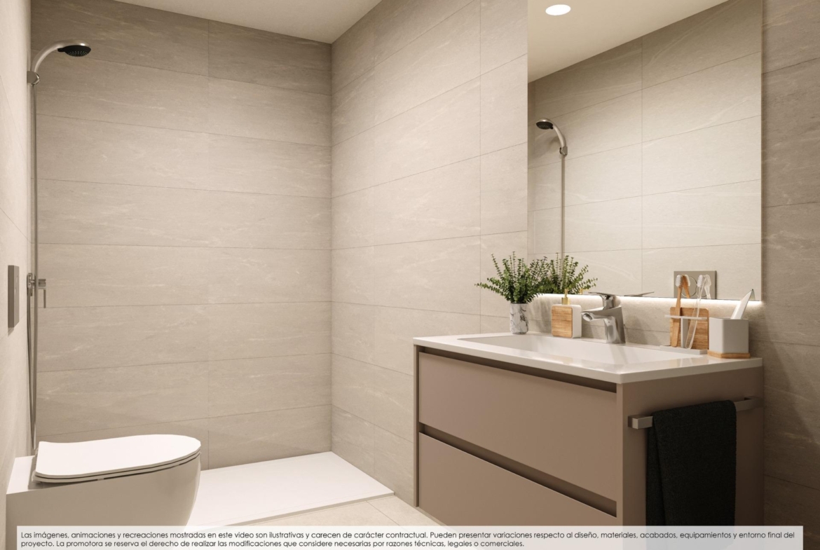 New-Build-Apartments-for-Sale-in-Finestrat-with-Sea-Views-and-Resort-Style-Amenities-15 Modern, sleek bathroom with spacious walk-in shower and elegant vanity in new build apartments for sale in Finestrat